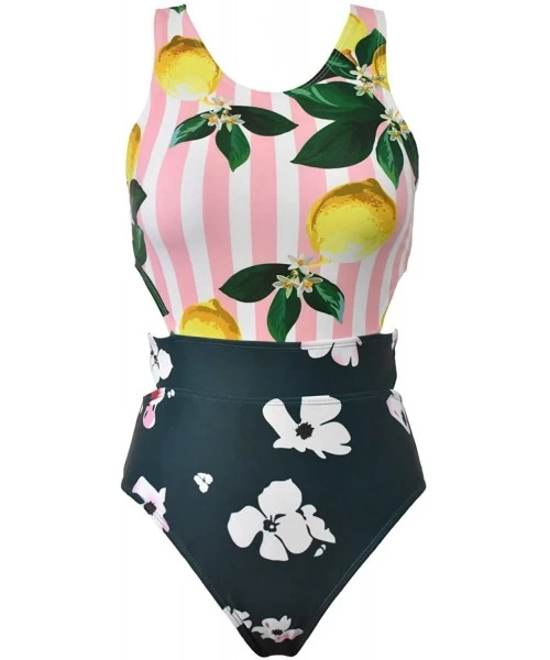 One-Pieces Women Lemon Print Cross at Back One Piece Beach Swimsuit Bathing Suit - CZ196M7XU2Z