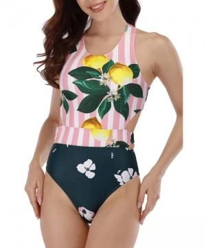 One-Pieces Women Lemon Print Cross at Back One Piece Beach Swimsuit Bathing Suit - CZ196M7XU2Z