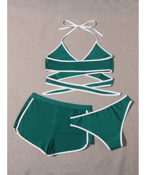 Sets Women's Three Piece Swimsuit Leaf Print Wrap Halter Top with Shorts Bikini Set - Green - CH1903IZW92