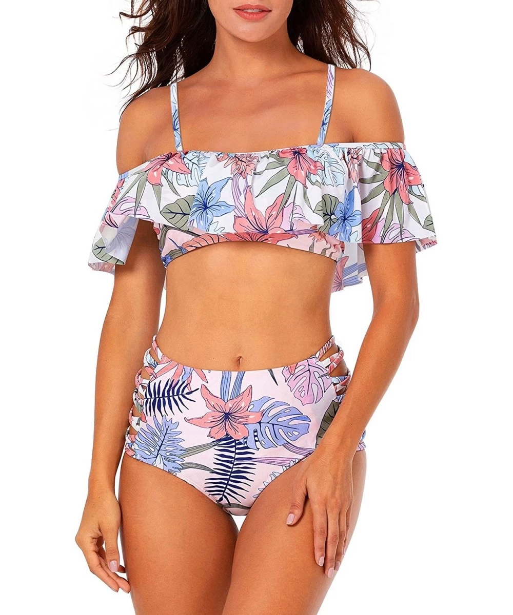 One-Pieces Women One Piece Flounce Swimsuit Vintage Printed Off Shoulder Flounce Ruffled Swimwear Bathing Suit - Flower 12 - ...