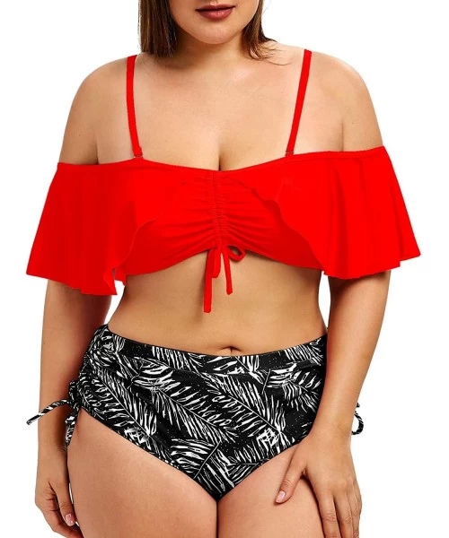 Sets Womens 2 Pieces Swimsuit High Waist Plus Size Ruffled Printed Ruched Bikini Swimwear - Red - CA195HQ0AXS