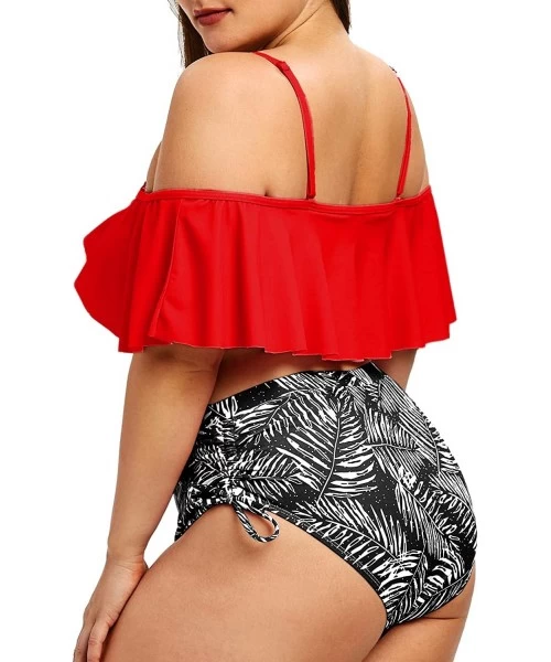 Sets Womens 2 Pieces Swimsuit High Waist Plus Size Ruffled Printed Ruched Bikini Swimwear - Red - CA195HQ0AXS