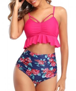 Sets High Waisted Swimsuits for Women Ruffled Bikini Floral Ruched Bathing Suits - Rose Red1 - CI19336TXHS