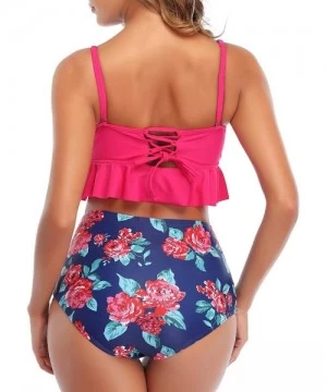 Sets High Waisted Swimsuits for Women Ruffled Bikini Floral Ruched Bathing Suits - Rose Red1 - CI19336TXHS