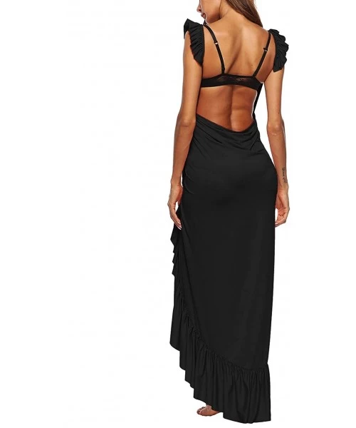 Cover-Ups Womens Bikini Cover Up Spaghetti Strap Backless Maxi Long Beach Dress Wrap - Black - CN18RQUCXWE