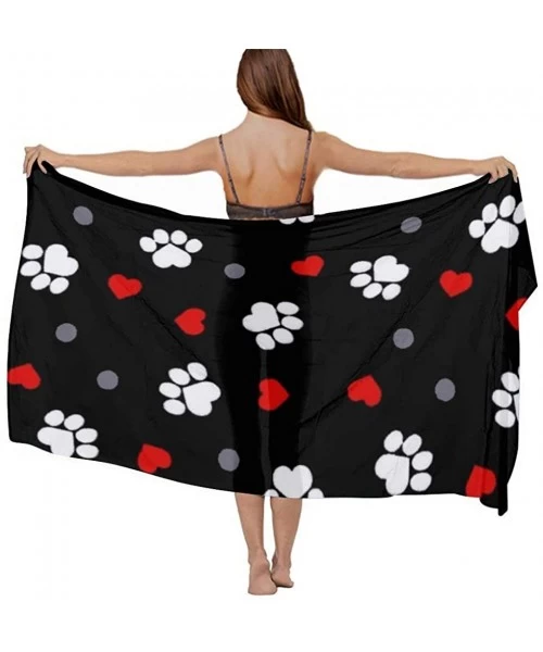 Cover-Ups Women Chiffon Scarf Shawl Wrap Sunscreen Beach Swimsuit Bikini Cover Up - Paw Prints and Hearts on Black - CV196TX6L54