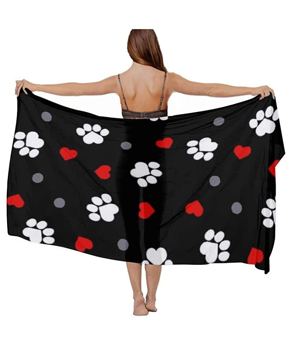 Cover-Ups Women Chiffon Scarf Shawl Wrap Sunscreen Beach Swimsuit Bikini Cover Up - Paw Prints and Hearts on Black - CV196TX6L54