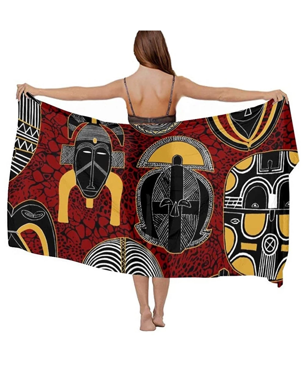 Cover-Ups Silk Like Scarf Women's Fashion Large Satin Shawls Headscarf Sarong Skirt - Mask African Motifs - CN19647SATD