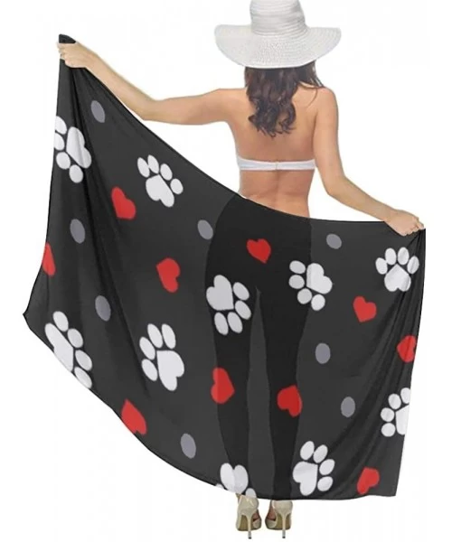 Cover-Ups Women Chiffon Scarf Shawl Wrap Sunscreen Beach Swimsuit Bikini Cover Up - Paw Prints and Hearts on Black - CV196TX6L54