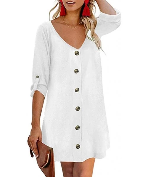 Cover-Ups Dresses for Women Work Casual-Summer Casual Buttons Down V Neck T Shirt Dresses Short Sleeve Swing Dress - White - ...