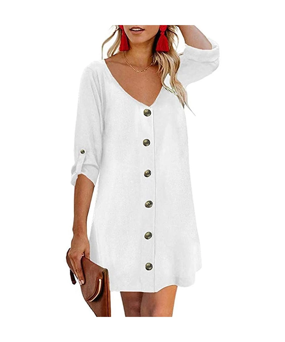 Cover-Ups Dresses for Women Work Casual-Summer Casual Buttons Down V Neck T Shirt Dresses Short Sleeve Swing Dress - White - ...