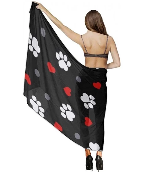 Cover-Ups Women Chiffon Scarf Shawl Wrap Sunscreen Beach Swimsuit Bikini Cover Up - Paw Prints and Hearts on Black - CV196TX6L54