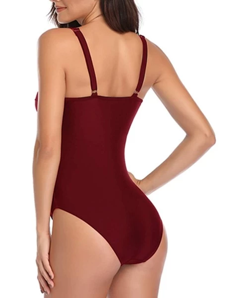 One-Pieces Women One Piece Swimsuit Tummy Control High Neck Halter Swimsuits Floral Mesh Bathing Suit - Wine1 - CL18XEHXGZ4