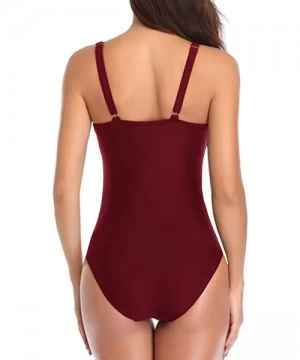 One-Pieces Women One Piece Swimsuit Tummy Control High Neck Halter Swimsuits Floral Mesh Bathing Suit - Wine1 - CL18XEHXGZ4