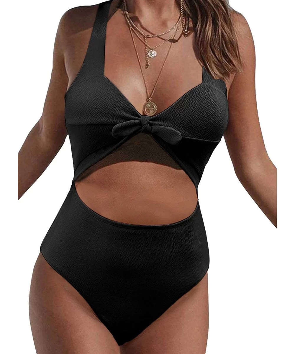 One-Pieces Women's Floral Print Padded Halter Cutout High Waist One Piece Swimsuit - Knot Black - CQ196RGMSCN