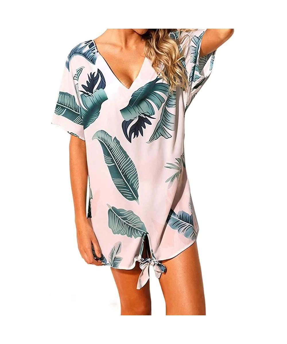 Cover-Ups Womens V Neck Short Sleeve Summer Dress Front Tie Boho Floral Print Casual Loose Dresses - 5-pink - CB196WY9ULT