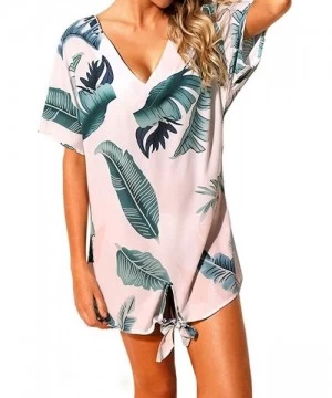 Cover-Ups Womens V Neck Short Sleeve Summer Dress Front Tie Boho Floral Print Casual Loose Dresses - 5-pink - CB196WY9ULT