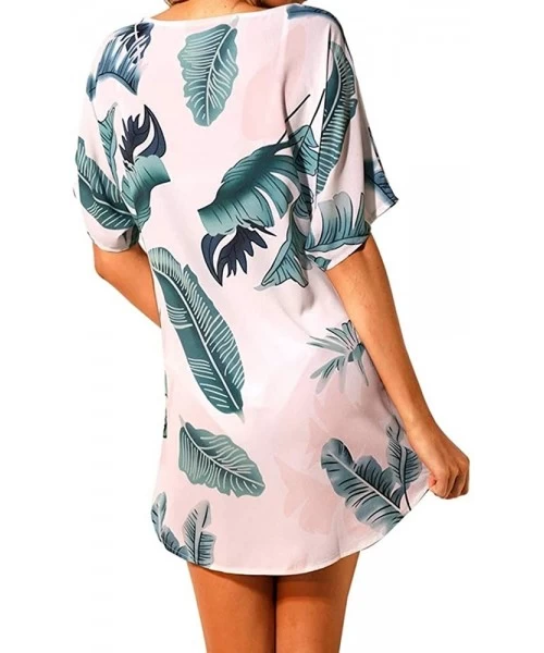 Cover-Ups Womens V Neck Short Sleeve Summer Dress Front Tie Boho Floral Print Casual Loose Dresses - 5-pink - CB196WY9ULT