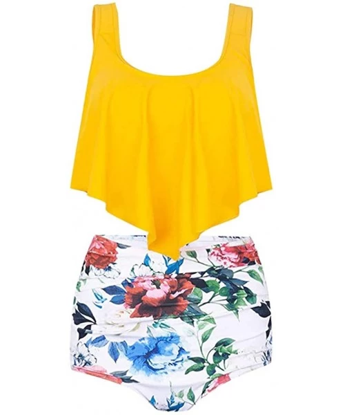 Sets Women Two Pieces Bathing Suits Adjustable Double Strap Ruffled Top with Sunflower High Waisted Bottom Tankini Set - Yell...