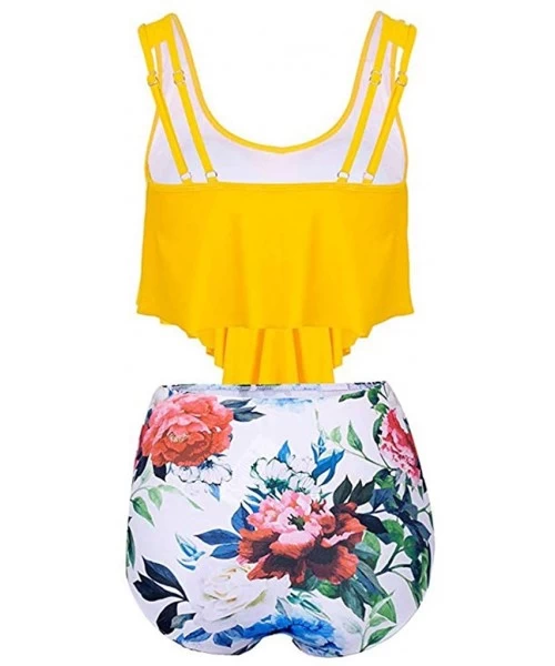 Sets Women Two Pieces Bathing Suits Adjustable Double Strap Ruffled Top with Sunflower High Waisted Bottom Tankini Set - Yell...