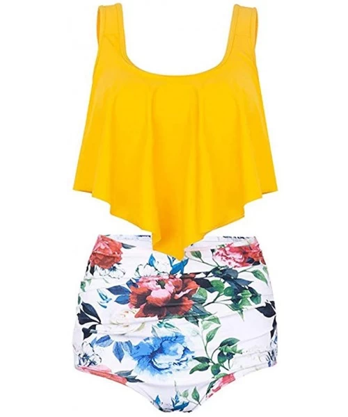 Sets Women Two Pieces Bathing Suits Adjustable Double Strap Ruffled Top with Sunflower High Waisted Bottom Tankini Set - Yell...