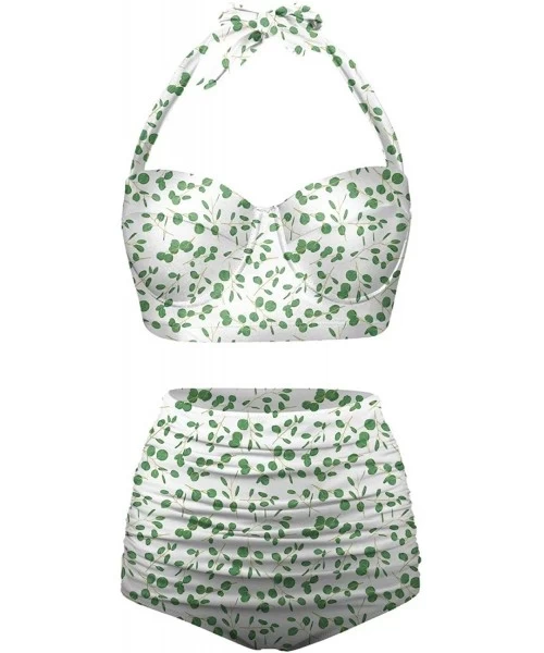 Bottoms Women's Halter Summer Bright Floral Print Funny Swimsuits High Waisted Bikini Set - White+green-4 - C9196D3NT2U