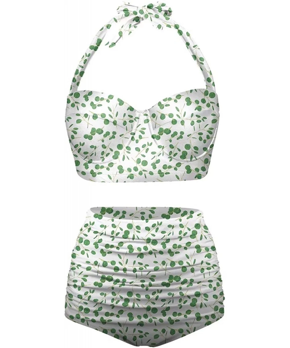 Bottoms Women's Halter Summer Bright Floral Print Funny Swimsuits High Waisted Bikini Set - White+green-4 - C9196D3NT2U