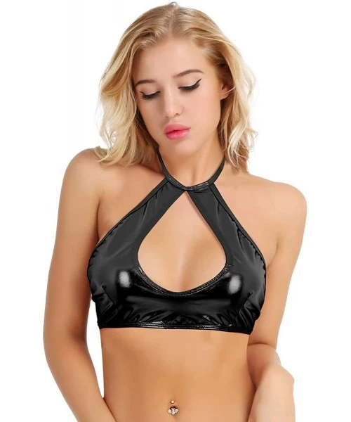 Tankinis Women's Shiny Metallic Leather Crop Tops Halter Bikini Tank Crop Top - Black - CX18L77I095