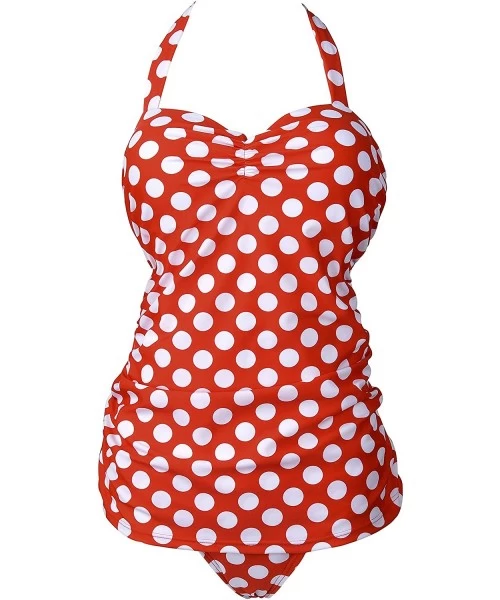 One-Pieces Retro Ruched Print Halter Polka One Piece Swimsuit Pin Up Monokinis Red Dots US 10-12 - C012DAUJQAB