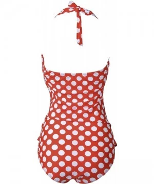 One-Pieces Retro Ruched Print Halter Polka One Piece Swimsuit Pin Up Monokinis Red Dots US 10-12 - C012DAUJQAB