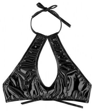 Tankinis Women's Shiny Metallic Leather Crop Tops Halter Bikini Tank Crop Top - Black - CX18L77I095