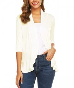 Cover-Ups Women's Open Front Cardigan 3/4 Sleeve Draped Ruffles Soft Knit Sweaters - Beige - CF18XNG5MNK