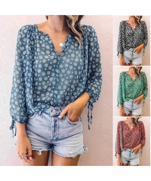 Cover-Ups Floral Blouses for Womens Leaves Feather Flared Long Sleeve V Neck Bandage Drawstring Tunic Tops Casual Tshirt 10 B...