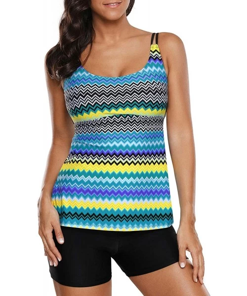 Sets Swimsuits for Women Two Pieces Tankini Swimsuits - Bluish Zigzag Print - CU18MH6IDD7