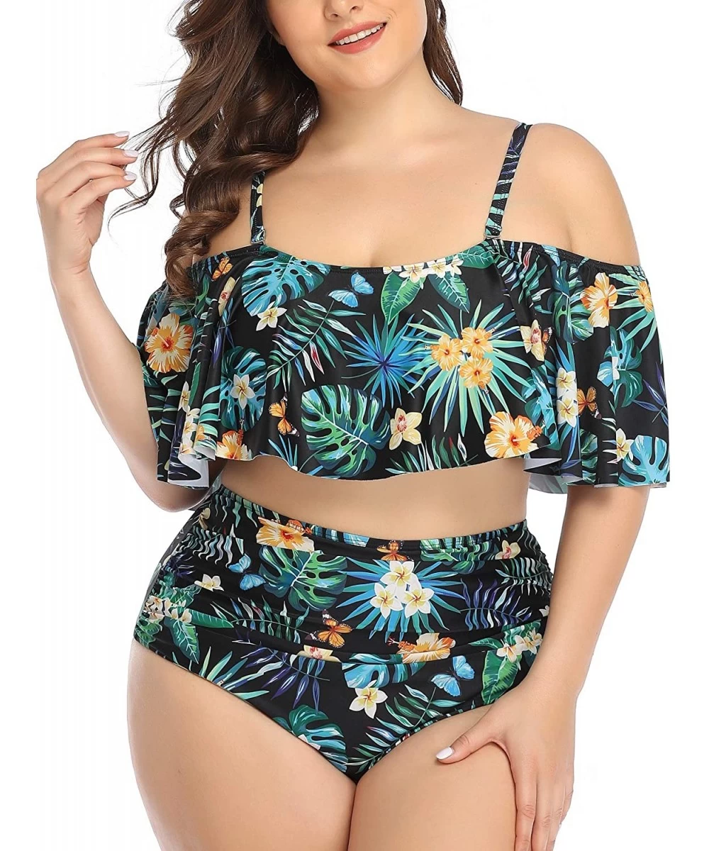 Sets Plus Size Two Piece Swimsuits for Women Off Shoulder Top High Waisted Ruched Bikini - Green Floral 2 - CG18XS9UMUO