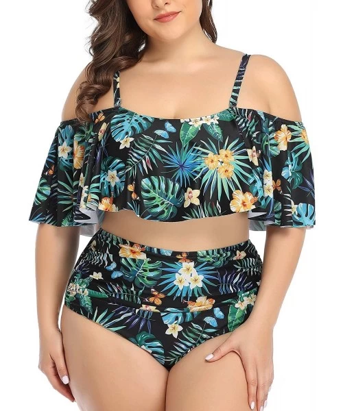 Sets Plus Size Two Piece Swimsuits for Women Off Shoulder Top High Waisted Ruched Bikini - Green Floral 2 - CG18XS9UMUO