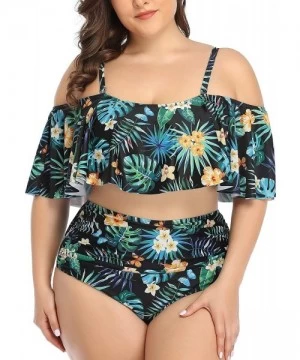 Sets Plus Size Two Piece Swimsuits for Women Off Shoulder Top High Waisted Ruched Bikini - Green Floral 2 - CG18XS9UMUO