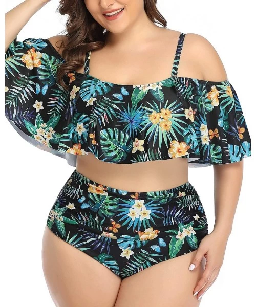 Sets Plus Size Two Piece Swimsuits for Women Off Shoulder Top High Waisted Ruched Bikini - Green Floral 2 - CG18XS9UMUO