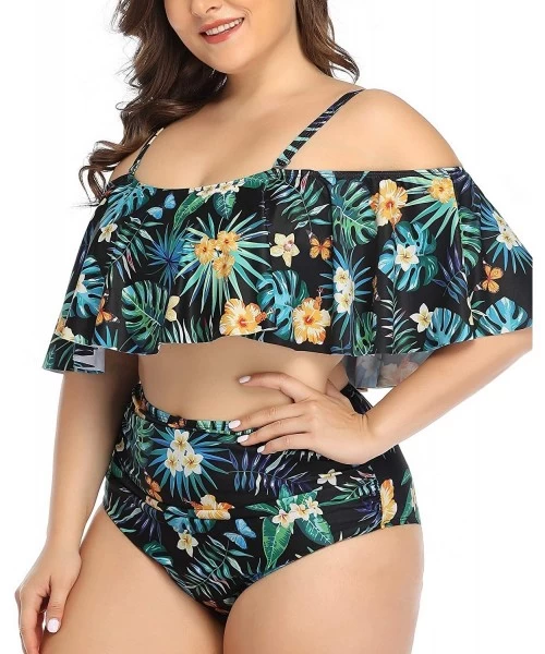 Sets Plus Size Two Piece Swimsuits for Women Off Shoulder Top High Waisted Ruched Bikini - Green Floral 2 - CG18XS9UMUO