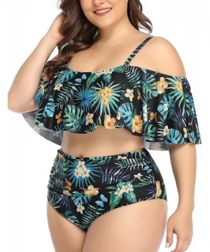 Sets Plus Size Two Piece Swimsuits for Women Off Shoulder Top High Waisted Ruched Bikini - Green Floral 2 - CG18XS9UMUO