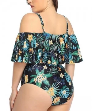 Sets Plus Size Two Piece Swimsuits for Women Off Shoulder Top High Waisted Ruched Bikini - Green Floral 2 - CG18XS9UMUO