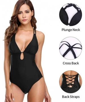 One-Pieces Women Plunge Swimsuits Lace-up Monokini Bathing Suits Sexy Swimwear - Black Lace Back - CR1804LCKXM