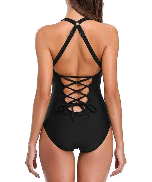 One-Pieces Women Plunge Swimsuits Lace-up Monokini Bathing Suits Sexy Swimwear - Black Lace Back - CR1804LCKXM