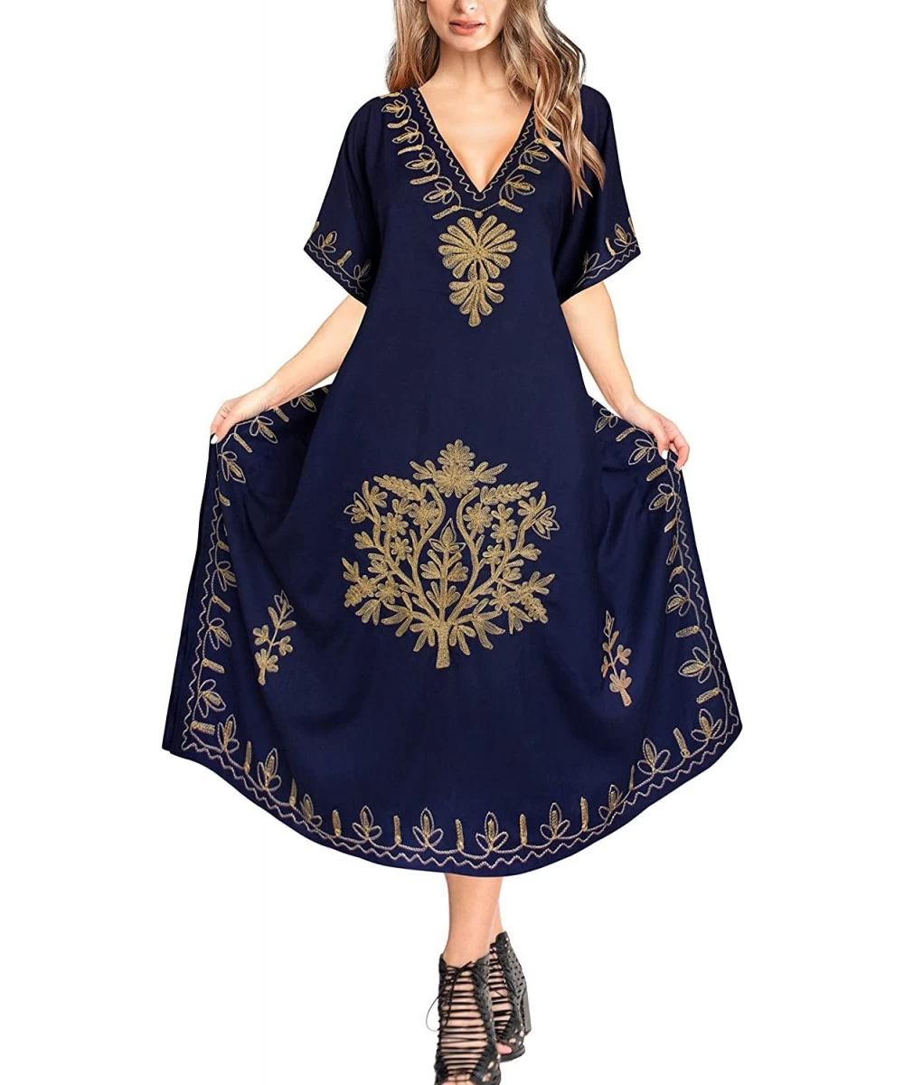 Cover-Ups Women's Long Caftan Swimsuit Cover Ups Night Casual Dress Embroidered - Navy Blue_b673 - CH18872IZ6N