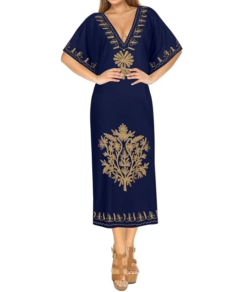 Cover-Ups Women's Long Caftan Swimsuit Cover Ups Night Casual Dress Embroidered - Navy Blue_b673 - CH18872IZ6N