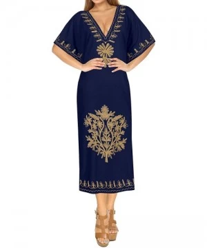 Cover-Ups Women's Long Caftan Swimsuit Cover Ups Night Casual Dress Embroidered - Navy Blue_b673 - CH18872IZ6N