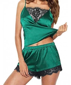 Sets Women Sleepwears Sleeveless Strap Nightwear Lace Trim Satin Camisole Pajama Sets Floral Lingeries - X-green - CC18S6Y0Y0A