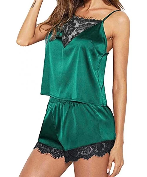 Sets Women Sleepwears Sleeveless Strap Nightwear Lace Trim Satin Camisole Pajama Sets Floral Lingeries - X-green - CC18S6Y0Y0A