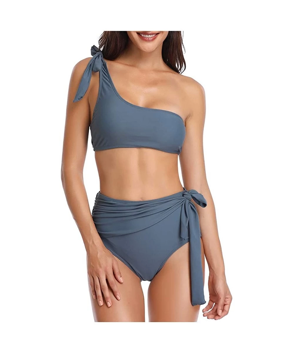 Sets Womens Sexy One Shoulder Bikini Sets High Waisted Tie Front Padded Swimsuits - 2287gray - CY18NW8US0H