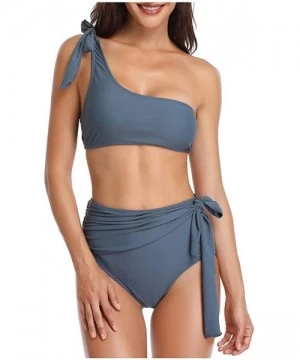 Sets Womens Sexy One Shoulder Bikini Sets High Waisted Tie Front Padded Swimsuits - 2287gray - CY18NW8US0H